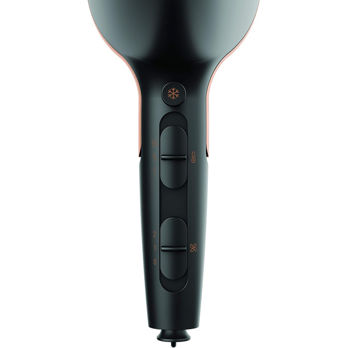 Фен GRUNDIG Naturashine HD 7081 з іонізацією, керамічним захистом, Cool Touch насадкою, 2100 Вт, 3 температурні та 2 режими повітряного потоку, холодна функція, знімний кабель, чорний / рожеве золото