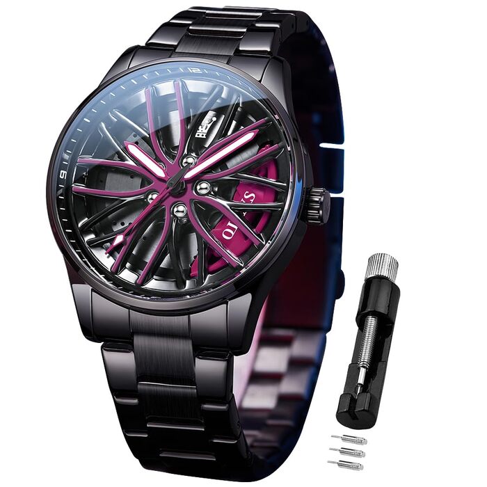 Чоловічий годинник OLEVS Quartz зі сталі з дизайном автоколеса, водонепроникний спортивний годинник з підсвіткою (модель 9937, фіолетовий)