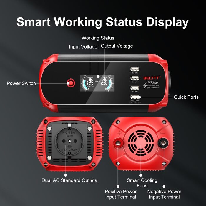 Автомобільний інвертор BELTTT 500W 12В-230В, 1000Вт пік, з LCD-дисплеєм, 4 USB, розетка EU для авто, кемпінгу, човна
