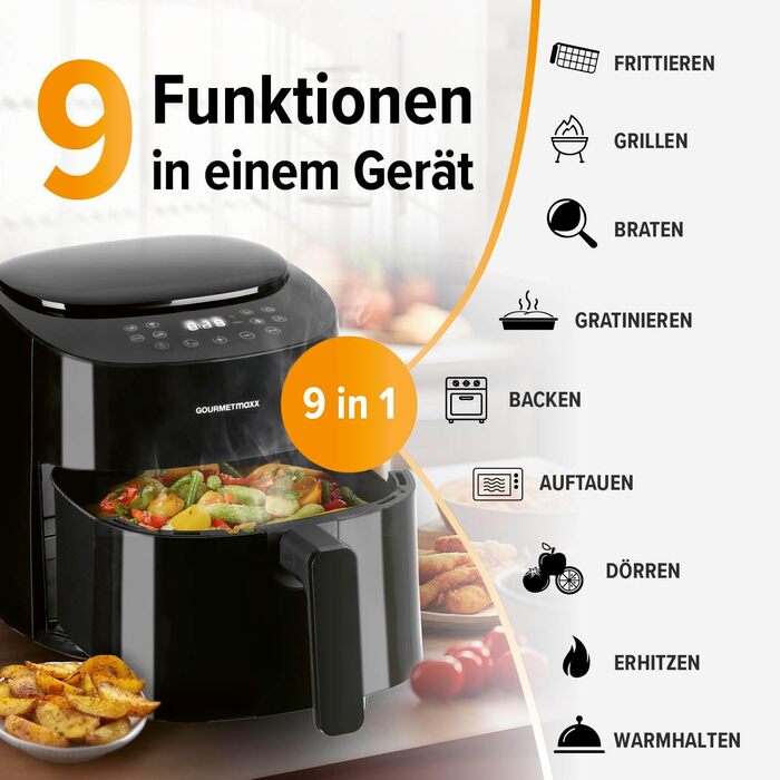 Gourmetmaxx Air Fryer - 4.5L Digital Air Fryer with Timer & Touchscreen - 9 Functions, 8 Programs, Energy-Saving, Black Mini Oven