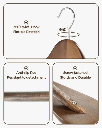 Набір дерев'яних вішалок Premium з широкими плечима (6 шт.) з обертовими гачками | Для пальто, курток, суконь | Натуральне дерево, вінтажний стиль