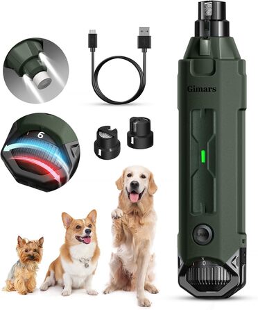 Шліфувальник для собак та котів Gimars 6-ступінчатий з LED-підсвіткою, тихий, 12000 обертів/хв, USB, для великих, середніх та малих тварин (Army Green)