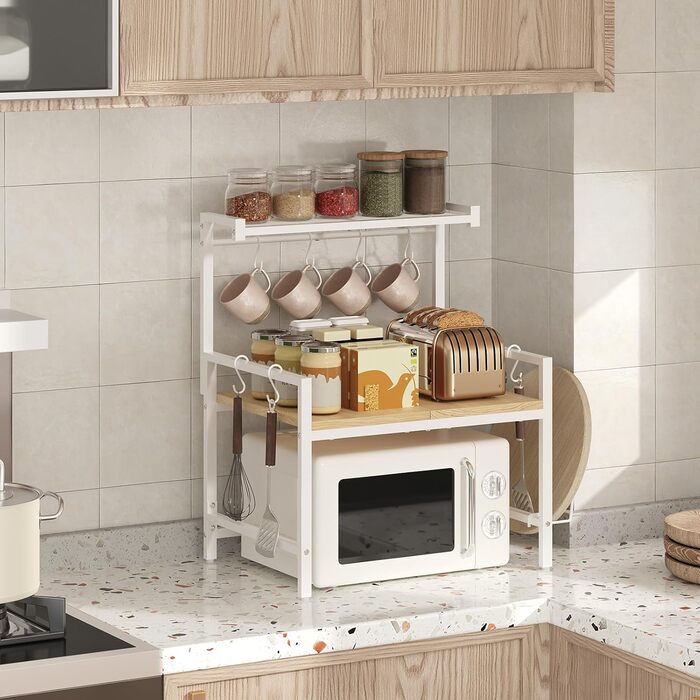 Поличка для мікрохвильової печі, кухонна поличка, 2 яруси, з підставкою для обробної дошки, органайзер з 8 гачками, коричнева, ABRBN5301