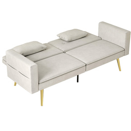 HOMCOM Sleeper Sofa, Convertible Sofa with Adjustable Backrest, Side Pocket, Upholstered 2-Seater Sofa Bed with Sleeping Function, Cushions, for Living Room, Bedroom, Beige | Aosom