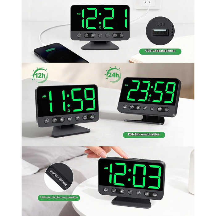 Цифровий будильник LED з RGB-підсвіткою, потужний сигнал 30-110 дБ для міцного сну, USB-порт, функція Snooze, настільний годинник (Зелений)