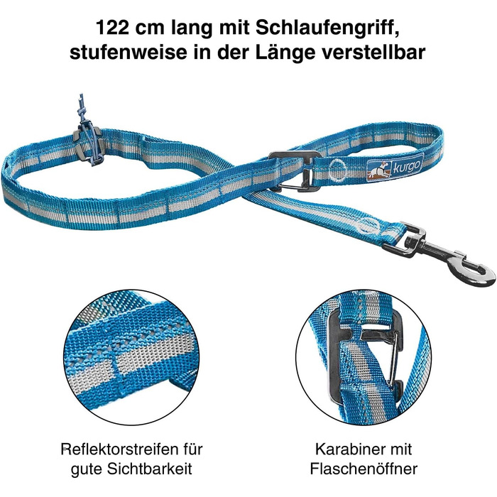 Поводок для собак Kurgo RSG з швидкою застібкою та світловідбиваючими смугами, зменшує тиск на шию, блакитний/сірий, універсальний розмір
