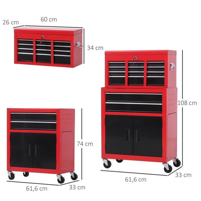 HOMCOM Workshop Trolley with Tool Box, Empty and Lockable Tool Trolley with 6 Drawers, Cupboard Compartment, Anti-Slip Mats, 2 Keys, Tool Cabinet Metal Red+Black | Aosom