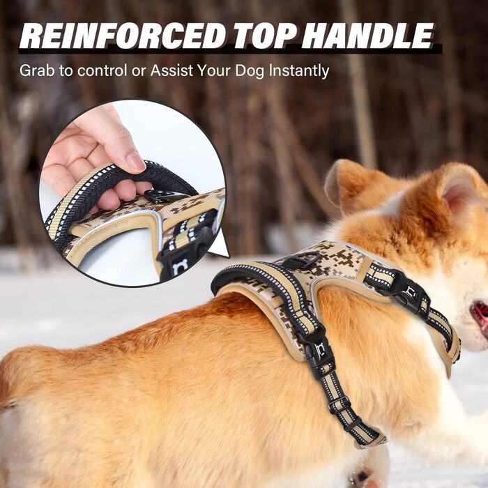 Нагрудник для собак No-Pull, анти-тягнучий, великий, середній, малий - м'який, дихаючий, регульований, світловідбиваючий, з м'якою ручкою (XL, камуфляжний коричневий)