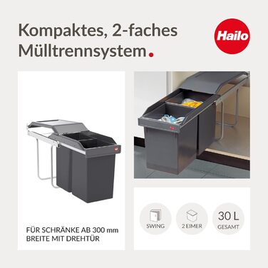 Відро для сміття Hailo Tandem 3650103 | Вбудований контейнер для сміття 2 секції з 50 мішками | для шаф шириною від 300 мм | Зручний висувний механізм на роликових направленнях | Сріблястий та антрацитовий пластик 3650101