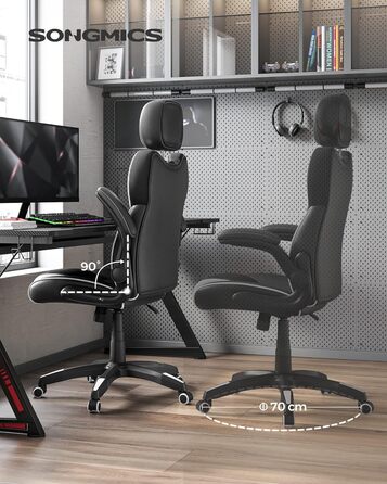 Крісло офісне SONGMICS, геймінгове, регульована підголовник, функція гойдання, регульовані підлокітники, універсальні ролики, регулювання висоти, OBG65BK (чорно-біле)