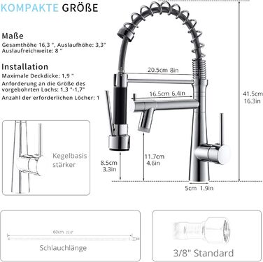 Змішувач кухонний LED Chrome з висувною лійкою, 360° обертання, 2 виходи, високий тиск