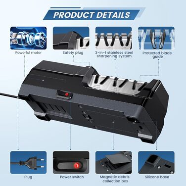 Електричний точило для ножів професійний 3-ступеневий з захистом від перегріву, тихий мотор, швидкий для кухонних ножів (чорний)