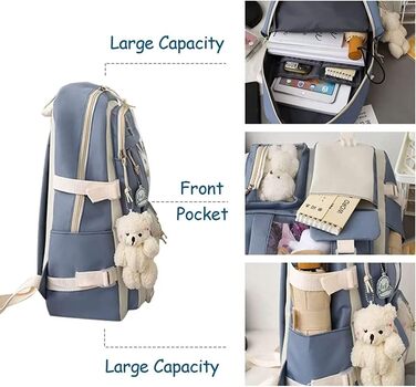 Яскравий рюкзак з милим аксесуаром, 5-ти частинний набір, великий рюкзак у стилі Харадзюку, трендовий рюкзак для школи, коледжу, подорожей, з нашивками, для дівчат, блакитний