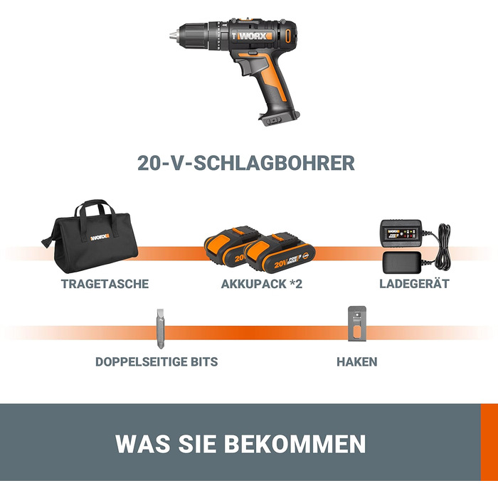 WORX NITRO WX352 акумуляторний ударний дриль-шуруповерт 20V - безщітковий двигун - для шурупування, свердління та ударного свердління - 60Nm - 2-швидкісне редуктор - з LED-підсвіткою - комплект з 2x20V 2Ah акумуляторами та 2A швидким зарядним пристроєм