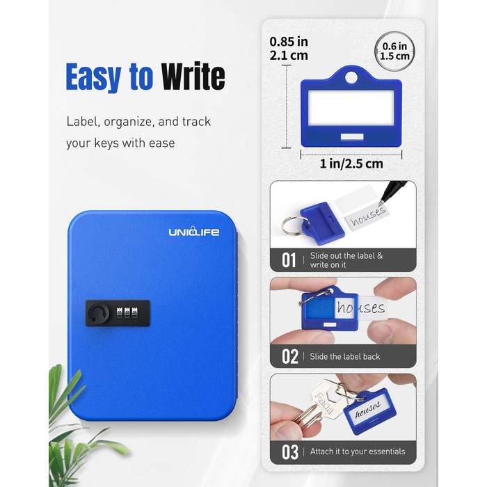 Шкафчик для ключів Uniclife на 60 позицій з комбінацією та ключовим замком, переналаштовується, цифрова скринька безпеки, органайзер для ключів з регульованими полицями (20 ключів, блакитний)