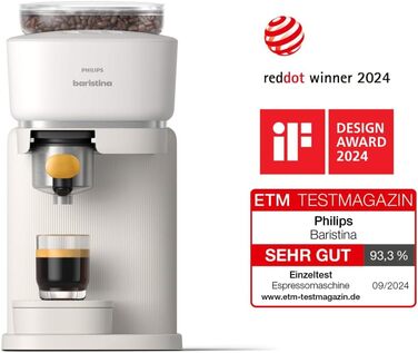 Philips Baristina Espresso Machine - Real Espresso, made simple. Compact coffee machine, Natural White with mango yellow portafilter, 16-bar pump pressure, automatic grinder, Cafe Crema (BAR300/03)