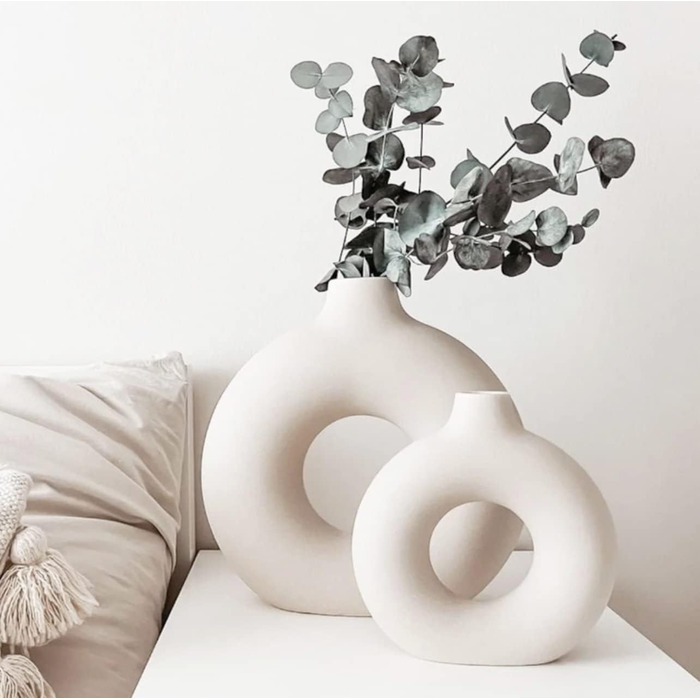Ceramic Vase Set for Pampas Grass - 2pcs (Large & Medium), Modern Matte Donut Vases for Home Decor, Flowers, Table, Shelf, Fireplace, Living Room, Bedroom, Office, Wedding, Party, Gift - White