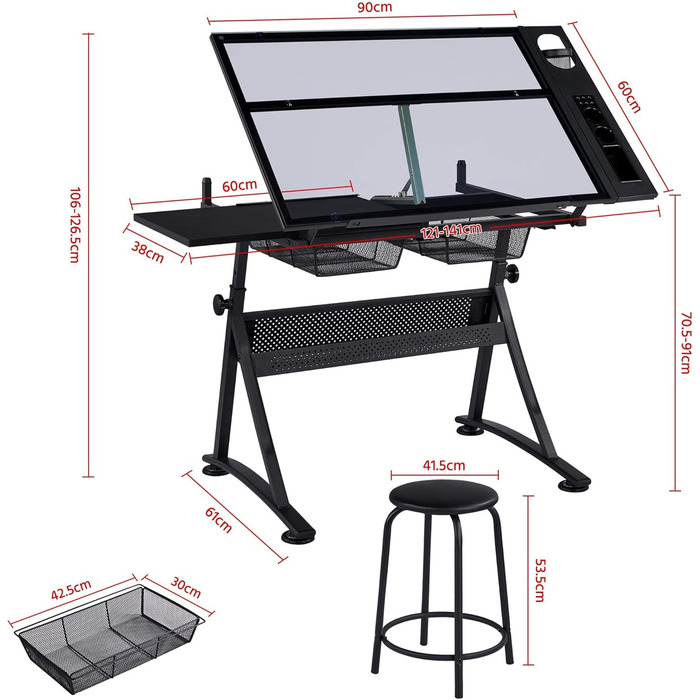 Yaheetech Adjustable Height Drafting Table Set with Tilt-Top, Storage & Stool - Drawing/Art Desk for Artists - Black