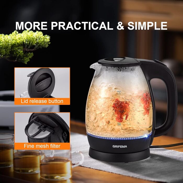 Електричний чайник GRIFEMA 0.8L, 1100W з фільтром від накипу, без BPA, автоматичне вимкнення, захист від перегріву, білий (скло 1.7L)