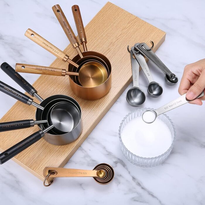 Malmo Measuring Cup and Spoon Set, 10-Piece, with Wooden Handle, Titanium-Coated Stainless Steel, Rose Gold (Rose Gold)