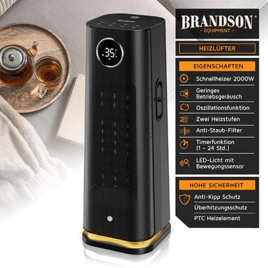 Електричний обігрівач Brandson з пульт дистанційного керування, 2000 Вт, ECO режим, осциляція, захист від дітей, таймер, LED-підсвічування, для ванної, вітальні, офісу, дитячої кімнати