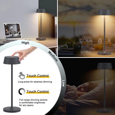 Акумуляторна LED настільна лампа Klighten з димером, сенсорна, металева, сріблясто-антрацитова (3000K) для спальні, ресторану