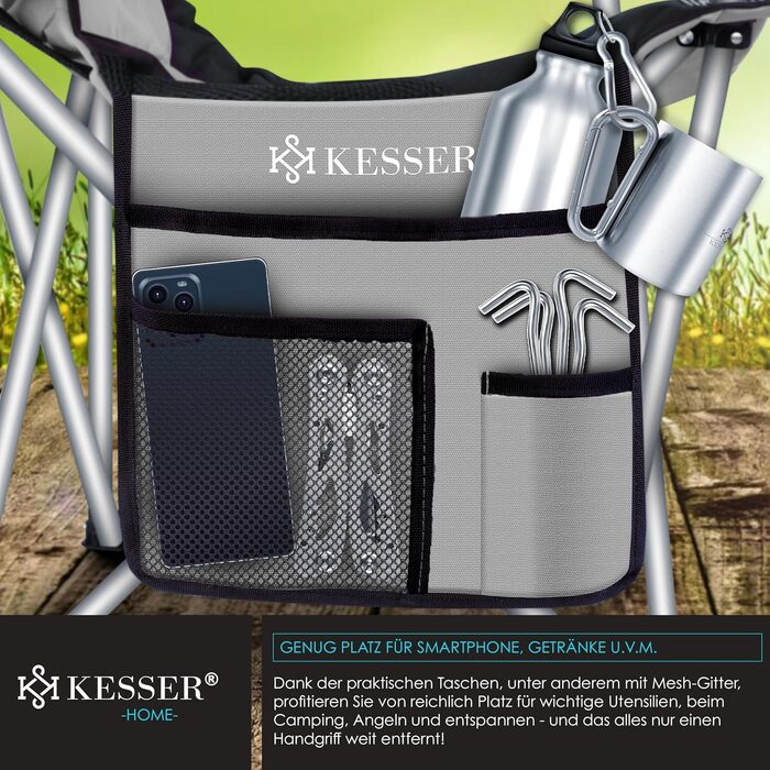 Крісло кемпінгове складне KESSER® до 150 кг, з підлокітниками, високою спинкою, сіре/чорне. З підсклянником та сумкою