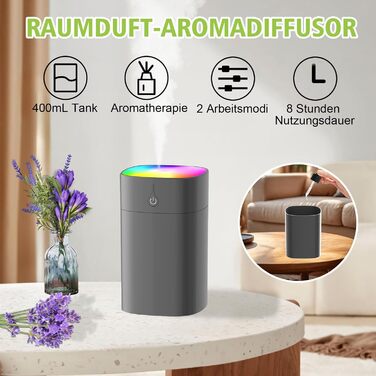 Портативний міні-увлажнитель повітря для спальні, 400 мл аромадифузор для дому, особистий настільний зволожувач для рослин, аромадифузор для дому, 2 режими, нічник, автоматичне вимкнення, чорний