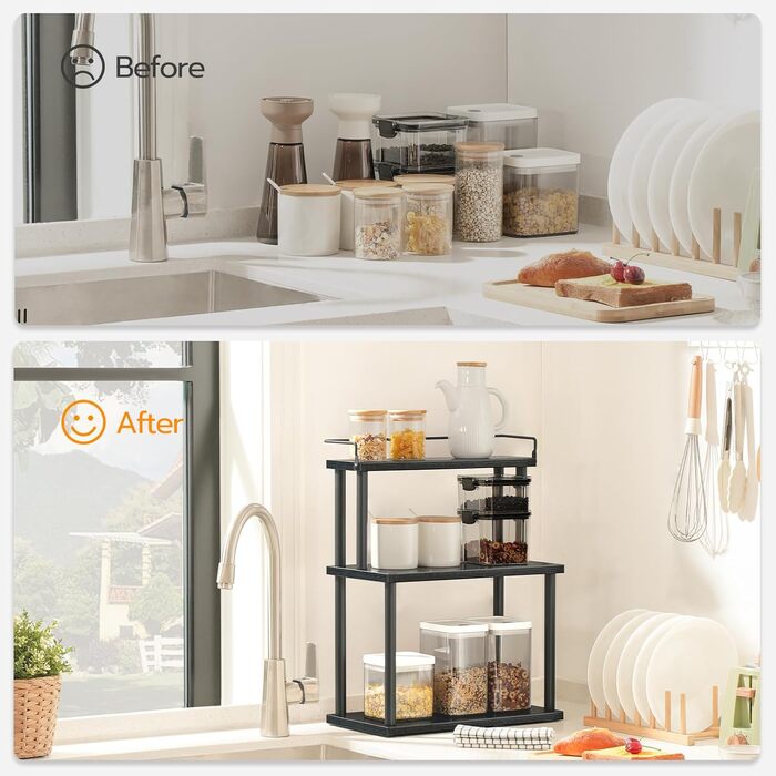 HOOBRO Spice Rack, Kitchen Shelf, 3-Tier Storage Shelf, Desk Organizer, for Kitchen Countertop, Desk, Study, Office, Vintage Brown EBF02TL01 (Black)