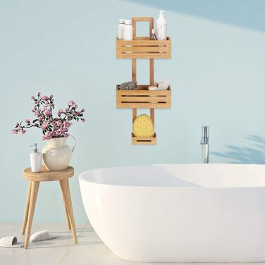 Relaxdays Shower Shelf Bamboo H x W x D: 65 x 28 x 15.5 cm Shower shelf made of wood as a hanging shelf for the shower with 3 shelves, shower basket as a bathroom shelf for hanging and a rust-free bathroom cabinet and shelf, natural