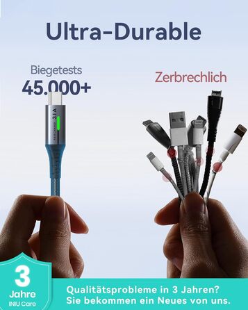 Кабель USB-C INIU, 3 шт. (2м+2м+0,5м), 3.1A, з LED-підсвічуванням, нейлон, для Samsung, iPhone, Pixel, iPad, MacBook