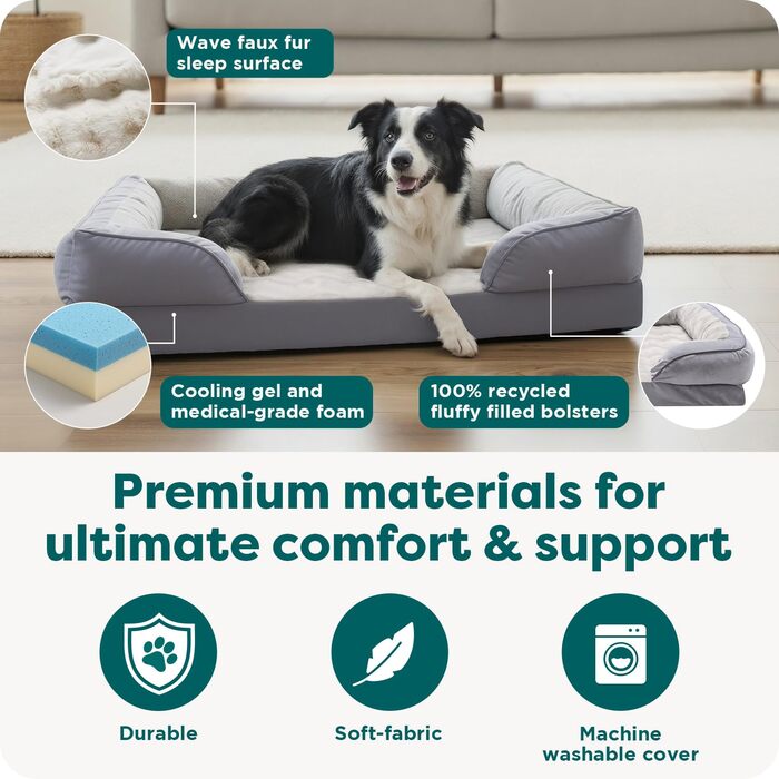 Ліжко для собак Furhaven Velvet Waves, сірий граніт, 91x69x20 см. Підходить для великих, середніх та малих собак.