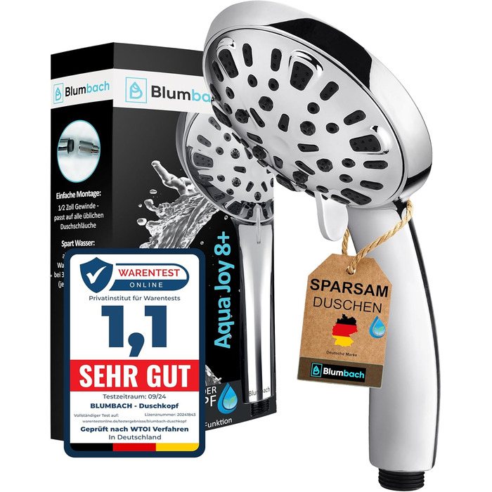 BLUMBACH® Shower Head - Water-Saving - High-Pressure Aqua Joy Shower Head - 8 Spray Patterns, Pressure-Boosting Shower Head, Shower Head, Water-Saving Shower Head, High Water Pressure Strong Jet