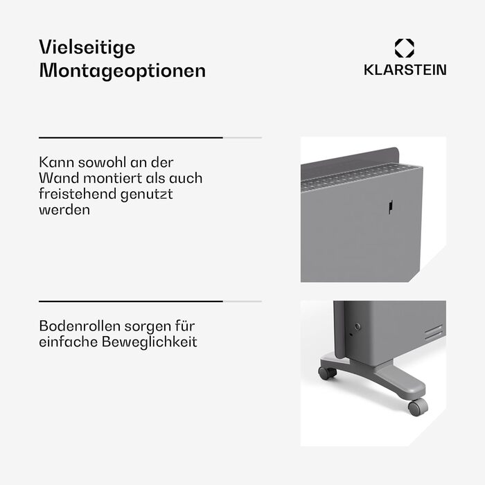 Конвектор Klarstein Bansin Crystal Smart: 1500 Вт, настінний/підлоговий, LED-дисплей, керування через додаток, енергоефективний, захист від перегріву та замерзання, блокування від дітей, для вітальні