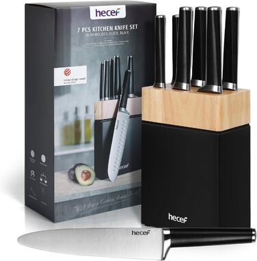 Набір ножів Hecef з підставкою 7 предметів, чорний – кухонні ножі з кованого нержавіючого сталевого леза, повний ергономічний руків'я з подвійним болстером, ергономічний дизайн, нагорода Red Dot Design Award, економія місця, ідеальний подарунок для кухні