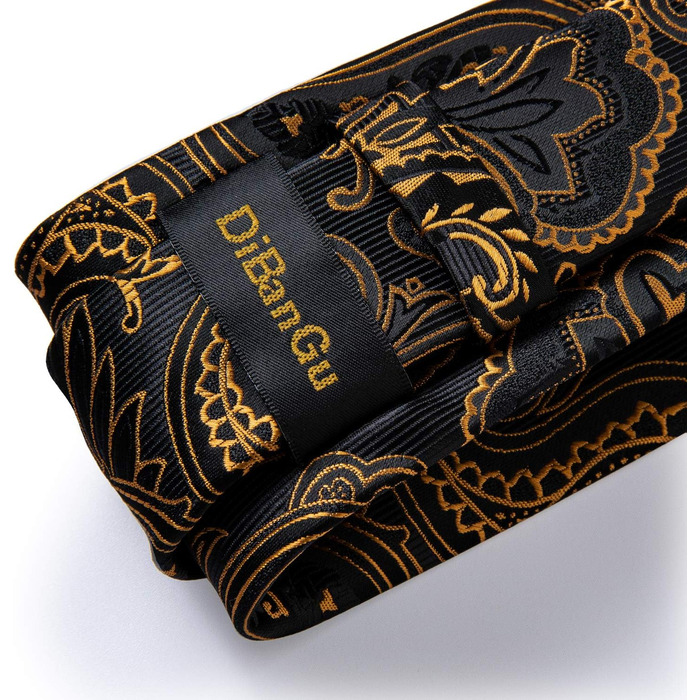 Краватка з візерунком пейслі DiBanGu, шовкова краватка, нагрудна хустинка, запонки, затискач для краватки - чорний та золотий для весілля та балу