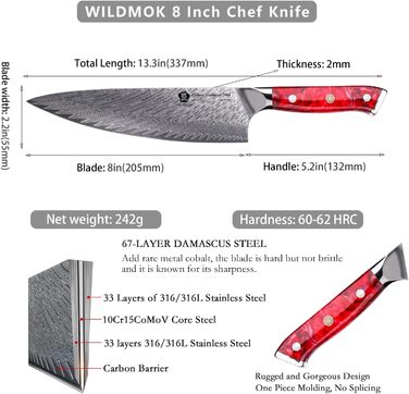 Японський ніж WILDMOK Santoku 20см з дамаської сталі, VG10, ручка з червоного армована синтетичний матеріал