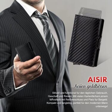 Чоловічий міні-гаманець AISIR з RFID захистом, гаманець з відділенням для монет (чорний, карбон)
