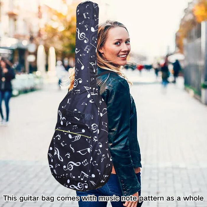 Водонепроникний кейс для гітари SUQ Oxford, 40/41 дюймів, з принтом музичних нот, нейлон, Gigbag, для електро-, акустичної та концертної гітари, ударостійкий, 8 мм підкладка, водонепроникний (чорний)