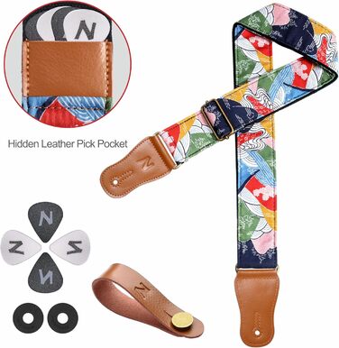 Японський гітарний ремінь Nefelibata з бавовни для акустичної гітари, укулеле, адаптер для голівки грифа в подарунок, медіатори та замок для ременя, регульована довжина 38'-64' (Бурхливі гори)