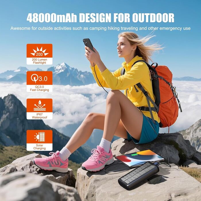 Сонячний павербанк 48000 мАг з 3 кабелями, сонячна панель з 3 виходами та 2 входами, швидка зарядка QC22.5 та PD USB-C 20W для телефонів, планшетів, кемпінгу, подорожей, активного відпочинку