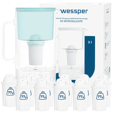 Скляний фільтрувальний глечик Wessper D2 BOROSILICATE 3л, м'ятний + 12 фільтрів