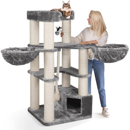 HAPPYPET Дряпка для котів 'Оскар' - 161 см, преміум якість, для великих котів, 47 кг, товсті стовпи (12 см), плюш (600 г), сертифіковане дерево (сірий)