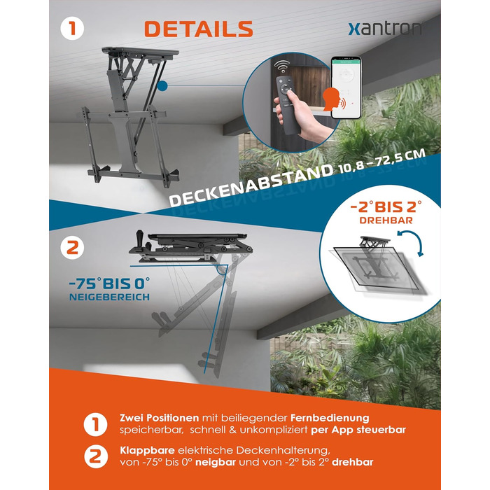 Електричний стельовий кронштейн для телевізора Xantron DEHA-600E 32-70 дюймів VESA до 600x400 мм, до 35 кг з пультом