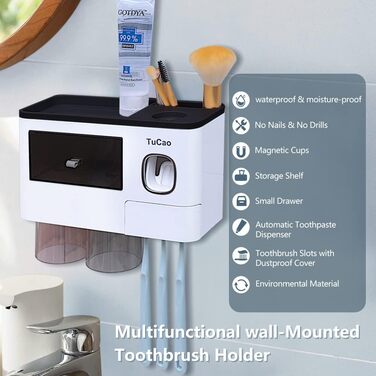 Automatic Toothpaste Dispenser Wall-Mounted with Space-Saving Toothbrush Holder for Bathroom, 2 Transparent Magnetic Cups, 6 Toothbrush Slots, 1 Cosmetic Organizer Drawer (2 Cups)