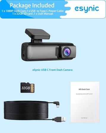 eSynic Міні відеореєстратор (Dashcam) Auto WiFi 1080P Full HD – 160° Широкий кут, Нічне бачення, G-сенсор, Паркувальний режим, Керування через App, WiFi, 32GB SD-карта в комплекті