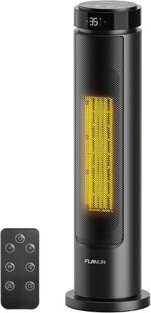 Електричний обігрівач PTC 2000W з керамічним нагрівачем, тихий, з термостатом та пультом керування, ECO режим, 70° осциляція, таймер 12h, захист від перегріву та перекидання, чорний, 1 шт (60 см)