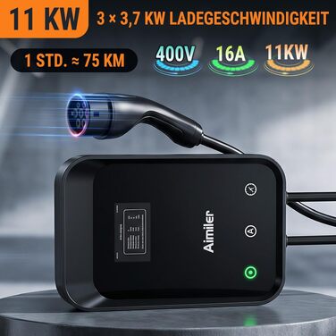Зарядна станція для електромобілів AIMILER Wallbox 11кВт, 3-фазна, Type 2, кабель 7.6м, з лічильником електроенергії, App-керуванням та захистом RCBO, IP66, чорна