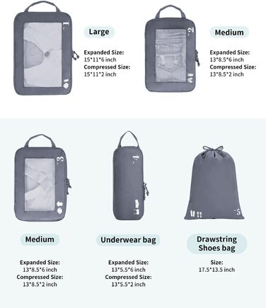 Набір органайзерів для валізи ECOHUB (5 шт.) - кофри, пакувальні куби, органайзери для подорожей (темно-зелений, темно-сірий)