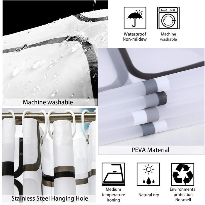 Шторка для душу 200x200 см, PEVA, антигрибкова, водонепроникна, пральна, з 12 кільцями, для душу та ванни